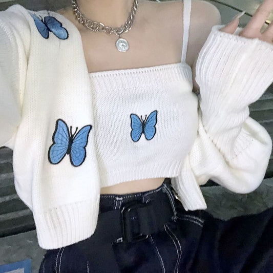 outfit Autumn New Korean Style Preppy Style Butterfly Embroidered Princess Sleeve Short Sling Coat Two-Piece Cardigan for Women
