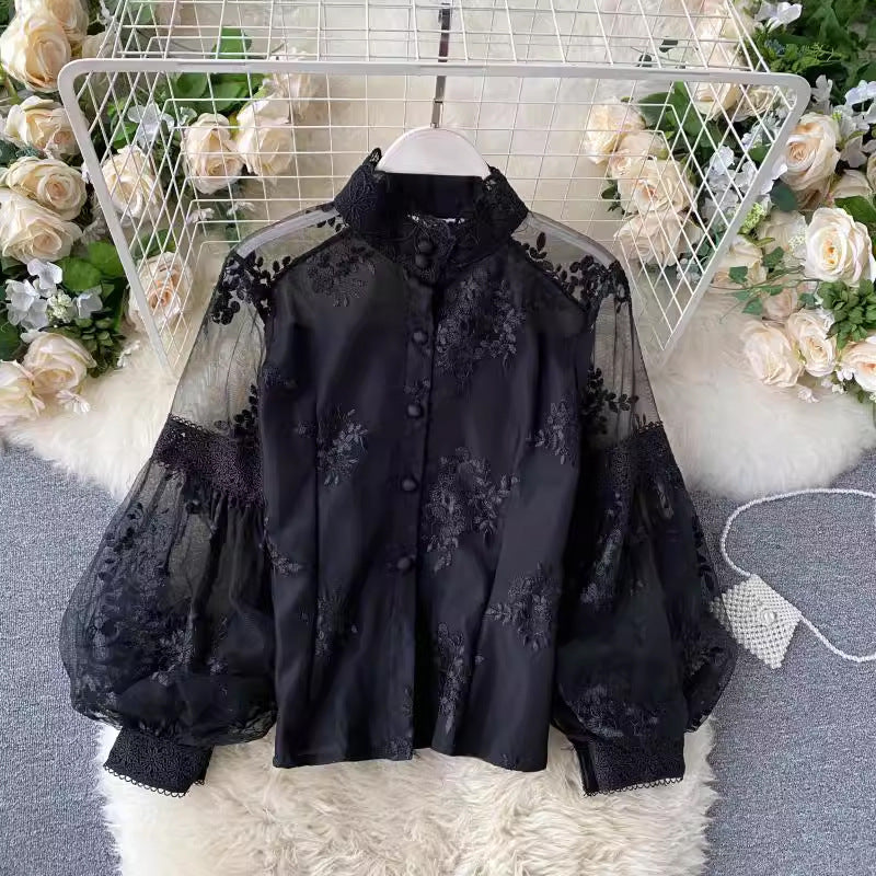 maoxiangshop-shop main character mode French Retro Mesh Lace Puff Sleeve Court Style Slim Fit Slimming Shirt for Women