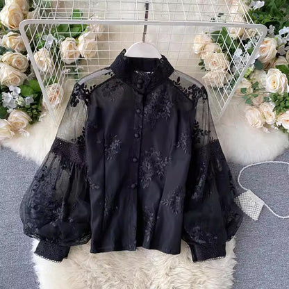 maoxiangshop-shop main character mode French Retro Mesh Lace Puff Sleeve Court Style Slim Fit Slimming Shirt for Women