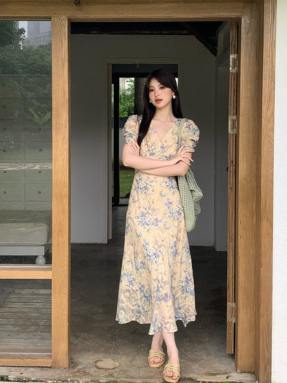 2025 Thirteen Lines  Spring and Summer New Temperament Printed Retro High Waist Short Sleeve Dress Women's BS88061