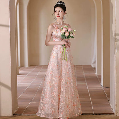 Pink banquet evening dress skirt women's high-end light luxury niche high-end temperament art test host sling thin autumn