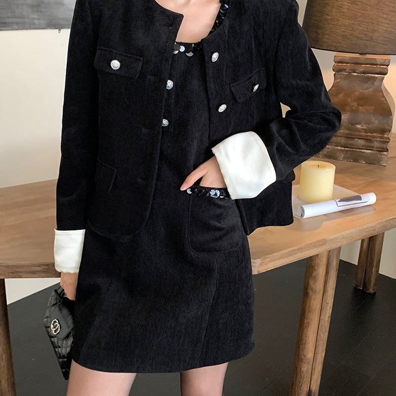 2025 popular autumn and winter new Korean version high waist elegant polished vest dress solid color bottom skirt 88122