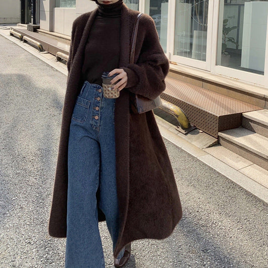 maoxiangshop-shop 2024 fall fashion trends Korean Style Autumn and Winter New Style Faux Mink Velvet Sweater Women's Cardigan Outer Wear over the Knee Long Loose Overcoat Women's Coat