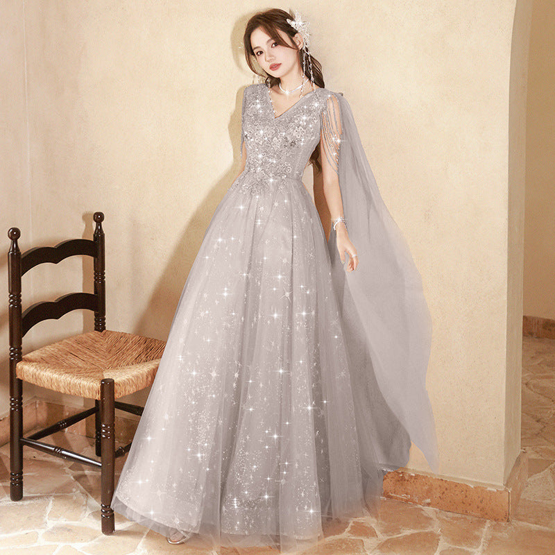 Banquet evening dress skirt 2025 spring new gray streamer New Zheng art examination red song chorus performance suit