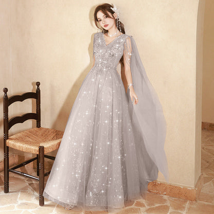 Banquet evening dress skirt 2025 spring new gray streamer New Zheng art examination red song chorus performance suit