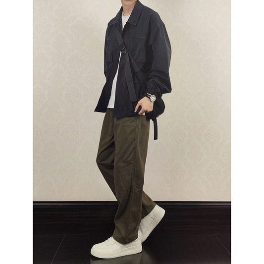 maoxiangshop-shop boy outfits Green Pu Handsome Pants Men's Spring and Autumn Japanese Retro Wide-Leg Pants Fashion Brand Straight Loose Casual Trousers
