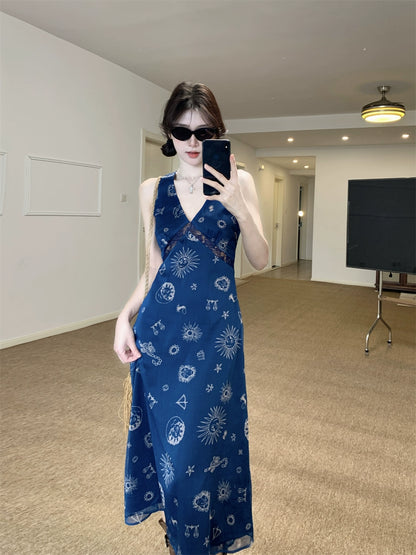 Sicilian encounter, retro V-neck vest dress, women's waist and thin galaxy printed A-word Spice Girl suspender skirt