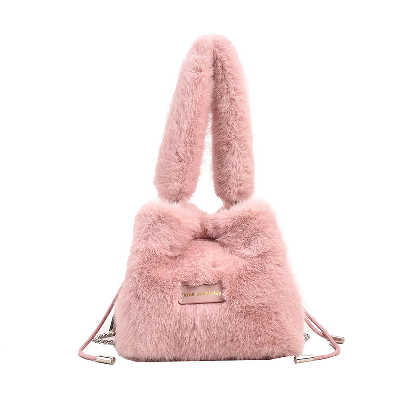 MAOXIANGSHOP 2025 autumn and winter new imitation rabbit fur pumping social worker handbag soft and simple bucket bag chain messenger bag bag