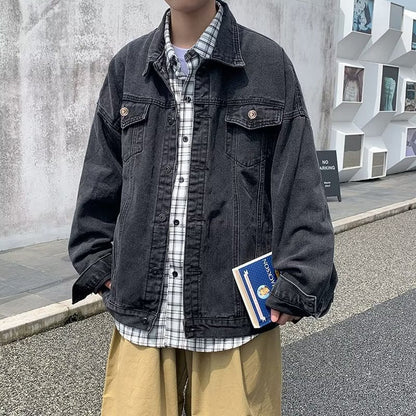 maoxiangshop-shop carhartt jacket outfit Washed Denim Coat Men's Autumn Loose Retro Japanese Ins Trendy Casual Solid Color Jacket Top Clothes