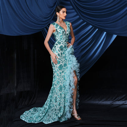 2025 high-end temperament sexy long sequined sleeveless V-neck banquet evening dress bridesmaid dress women
