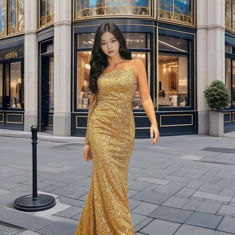 MAOXIANGSHOP 2025 2025 New new fashion V-neck hip wrap sequined mid-waist off-the-shoulder small trailing long evening dress dress