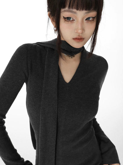 pure desire slim elastic bottom knitted sweater women's spring and summer V-neck Spice Girl slim casual long-sleeved top ins