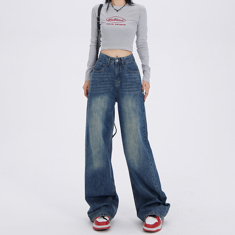 concert outfit Blue and Gray Wide-Leg Jeans for Women Spring and Autumn  New High Waist Straight Loose Mop Pants American Retro