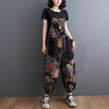 maoxiangshop grunge outfits plus Size Women's Printed Denim Suspender Pants Women's Spring and Autumn New Loose Large Pocket Casual Fashion Even Break Cropped Pants