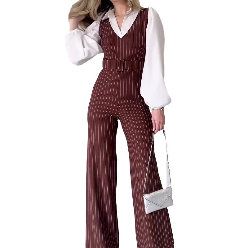 maoxiangshop-shop business casual outfits woman 2024 Women's Autumn Contrast Color Stitching Fashion High Waist Striped Straight Jumpsuit Women