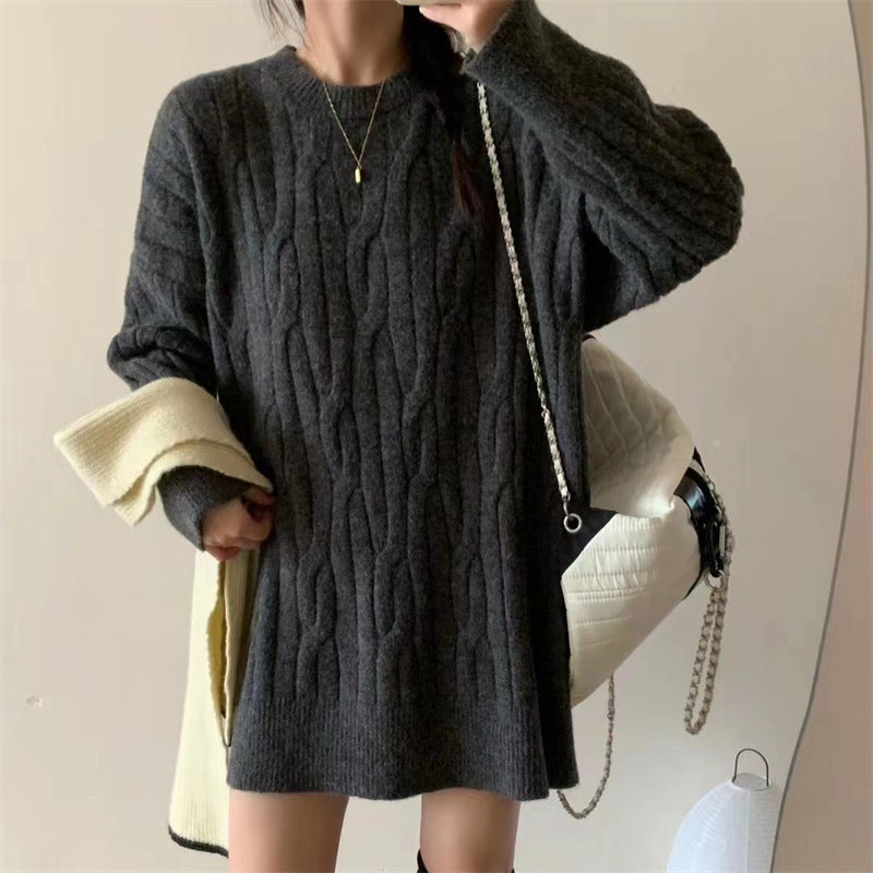 maoxiangshop dti outfits round Neck Sweater Women's Autumn Thickened Twist Internet Celebrity Sweater Ins Trendy Fashion Loose Solid Color Bottoming Sweater