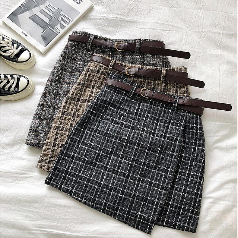 maoxiangshop outfit ideas for school Spring and Autumn Irregular Anti-Exposure Skirt Women's New Korean Style Retro Plaid High Waist A- line Skirt with Belt