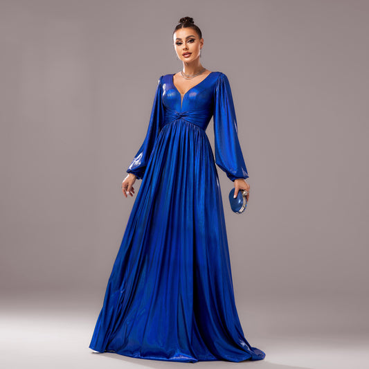 2025 new high-end long-sleeved V-neck banquet bronzing waist pendulum evening dress bridesmaid dress women