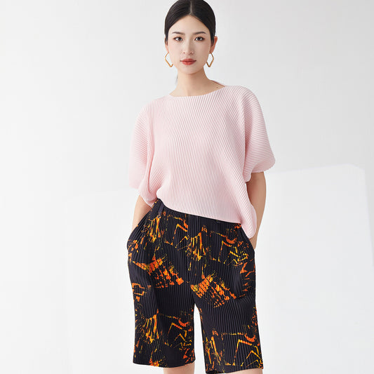 2025 short-sleeved T-shirt women's loose round neck irregular solid color commuting sweater high-end pullover trendy
