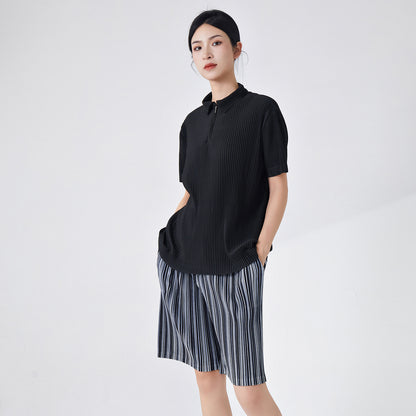 2025 Home pleated top high-end men's and women's same lapel black loose temperament commuter casual short-sleeved T-shirt