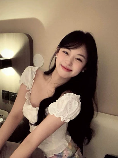 Pure desire white one-word shoulder bubble short-sleeved t-shirt women's summer slim and thin Spice Girl unique chic shirt top