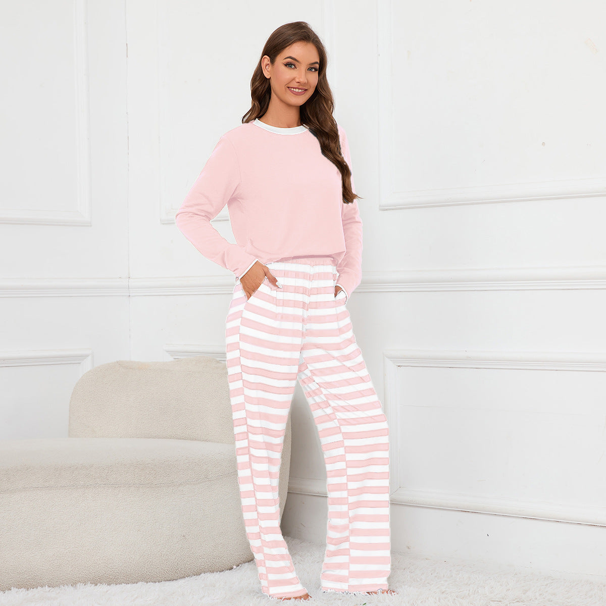 MAOXIANGSHOP 2025Real spot New new round neck long-sleeved top striped printed tether trousers loungewear pajamas set women