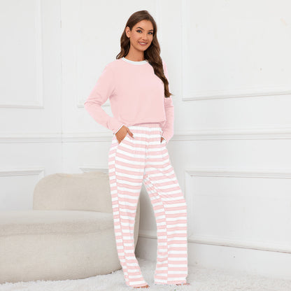 MAOXIANGSHOP 2025Real spot New new round neck long-sleeved top striped printed tether trousers loungewear pajamas set women