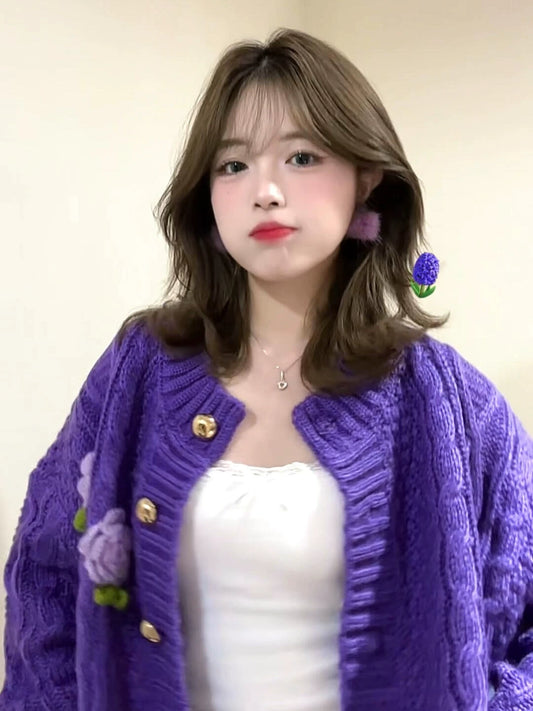 Hancheng Raiders, autumn and winter retro embroidered rough knitted top, grape purple loose and thin long-sleeved super comfortable cardigan