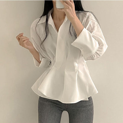 maoxiangshop-shop buisnesscore outfit women Spring and Autumn New Retro Waist-Tight Skirt Western Style Ruffled Design Sense Niche Long Sleeve Chic Shirt Top