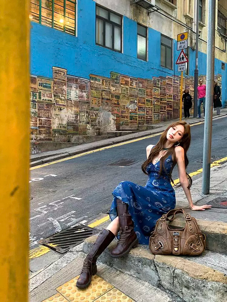 Sicilian encounter, retro V-neck vest dress, women's waist and thin galaxy printed A-word Spice Girl suspender skirt