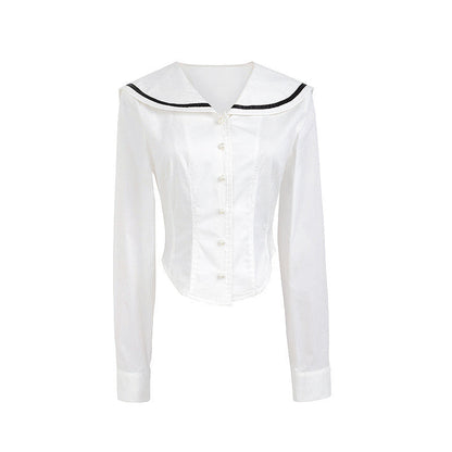 maoxiangshop pirates vs sailors drees to impress French Preppy Style Navy Collar Slim Shirt New Women's Autumn Niche Waist Irregular Hem Top