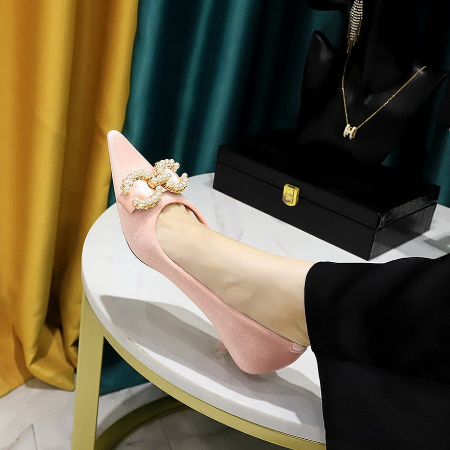 237-K79 Korean version banquet women's shoes medium heel thickened suede shallow mouth pointed metal rhinestone pearl buckle single shoes women
