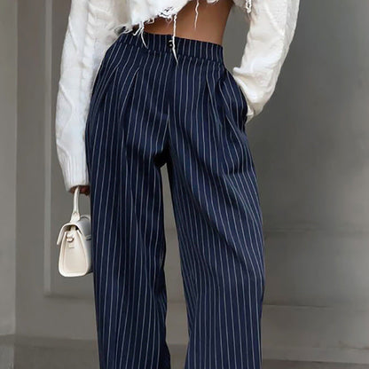 maoxiangshop 2000s fashion Navy Blue Striped Wide-Leg Pants for Women 2024 Autumn and Winter New Casual Suit Pants Draping Trousers for Women
