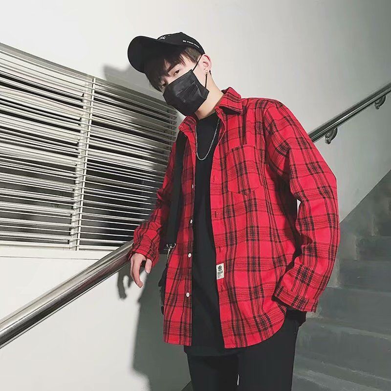 maoxiangshop-shop men fall outfits casual Colorful Plaid Couple Plaid Shirt Coat Long-Sleeved Shirt Youth Korean Casual Student Handsome Men's Shirt