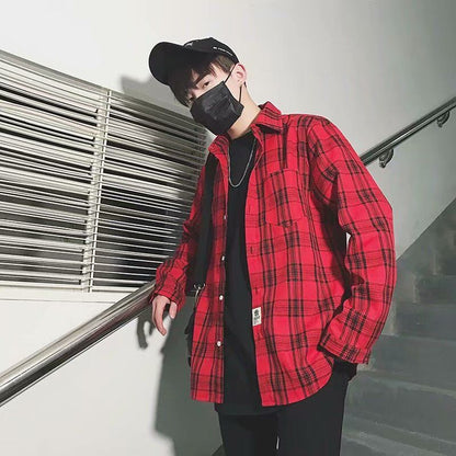 maoxiangshop-shop men fall outfits casual Colorful Plaid Couple Plaid Shirt Coat Long-Sleeved Shirt Youth Korean Casual Student Handsome Men's Shirt