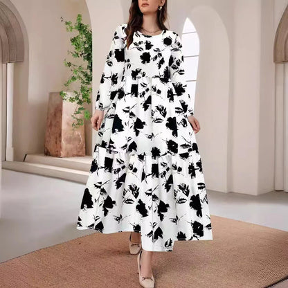MAOXIANGSHOP 2025 2025 women's clothing fashion casual printing round neck long-sleeved big swing dress women's long dress elegant straight dress