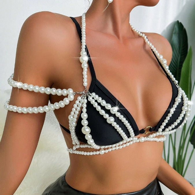2025 XH26918  hot-selling new women's clothing sexy neck sling imitation pearl multi-layer chest chain top body chain