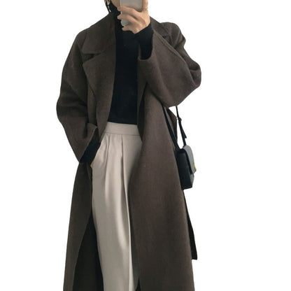 3e53ac 2000s fashion Korean Style Chic Autumn and Winter Clothing French Niche Lazy Woolen Coat Loose Temperament Mid-Length Woolen Coat for Women