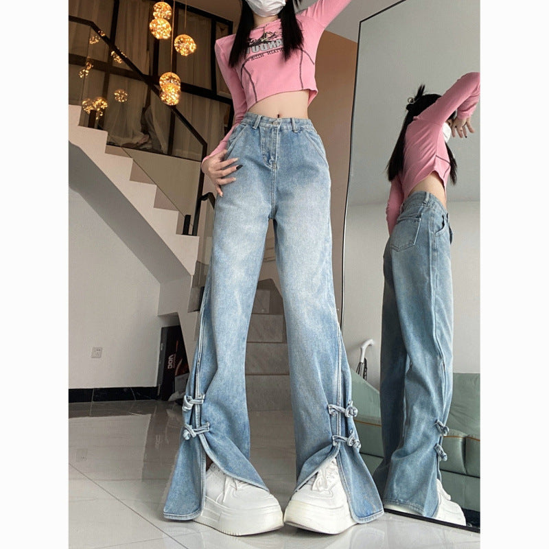 maoxiangshop 2000s fashion Retro High Waist Split Jeans for Women Spring and Autumn Trendy Ins New Slimming Wide Leg Pants