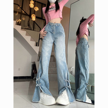 maoxiangshop 2000s fashion Retro High Waist Split Jeans for Women Spring and Autumn Trendy Ins New Slimming Wide Leg Pants