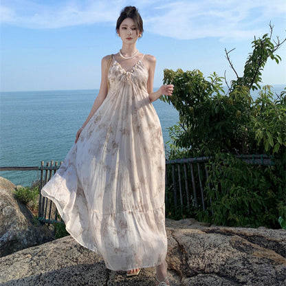 2025 New Chinese floral suspender dress for women's summer new national style temperament super fairy backless vacation beach long skirt