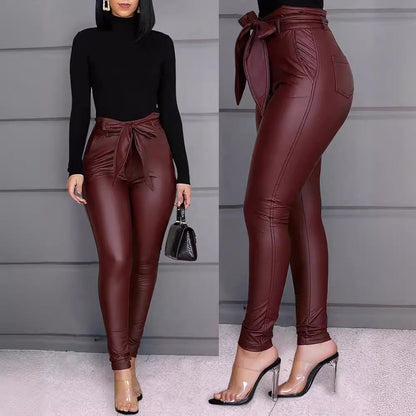 maoxiangshop-shop business casual women outfits chic Women's Fashion Casual Pu Pants Leather Pants (Including Belt)