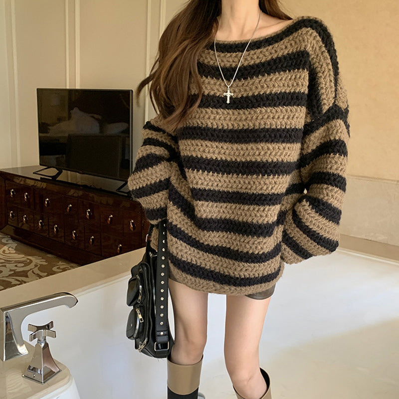 maoxiangshop-shop fall outfits women aesthetic Autumn and Winter New Retro Striped off-Neck Sweater Loose Lazy Style Age-Reducing Versatile Pullover Sweater for Women