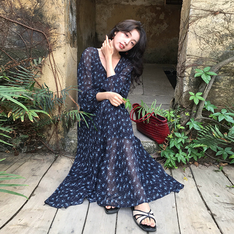 2025 Spring New  Temperament Printed Retro High Waist Long Sleeve Skinny Dress 88202
