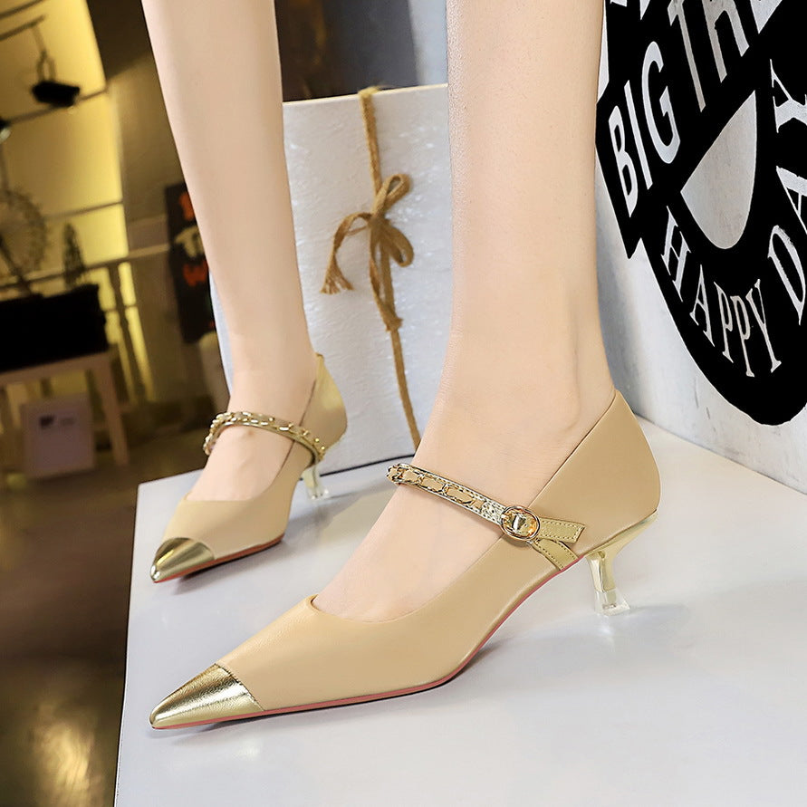 9318-19 2025 high heels women's shoes thin heels high heels light mouth color matching pointed metal chain one-word belt single shoes