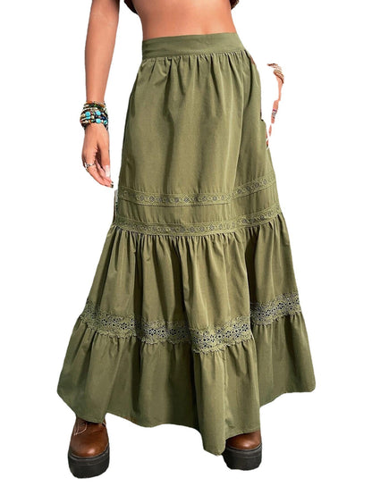 maoxiangshop-shop skirt outfits Women's Solid Color Retro Lace Stitching A- line Midi Skirt