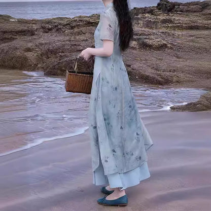 2025 popular summer temperament stacking new Chinese style improved cheongsam two-piece set retro waist long set