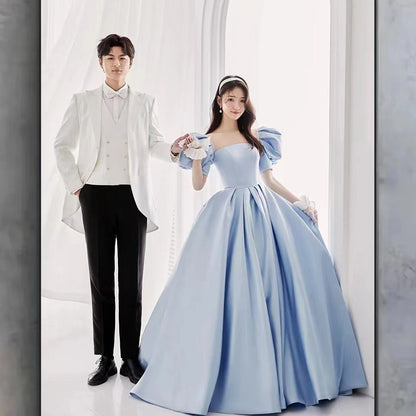 2025Indoor and outdoor long tail new full body studio main picture photography dress couple dress Korean version blue short-sleeved lawn