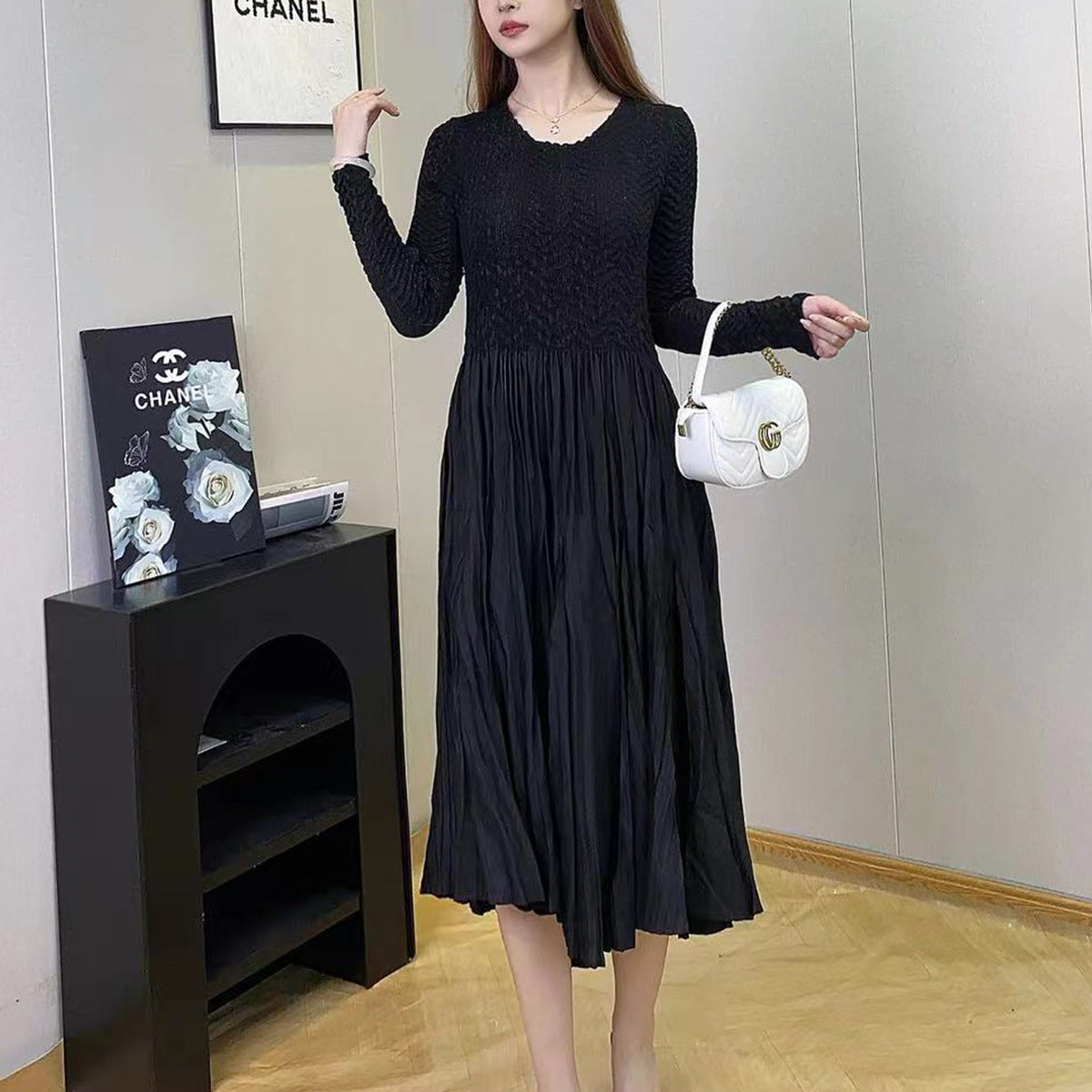 dress long-sleeved women's high-end sense small temperament elegant commuting versatile medium and long A-word skirt Popular style