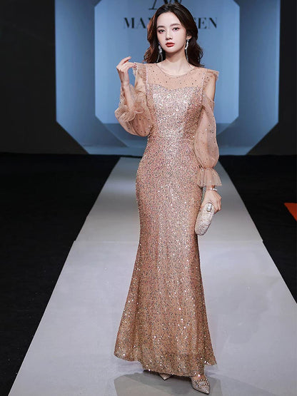 High-end evening dress new  explosion temperament celebrity high sense light luxury niche sequins fishtail host autumn